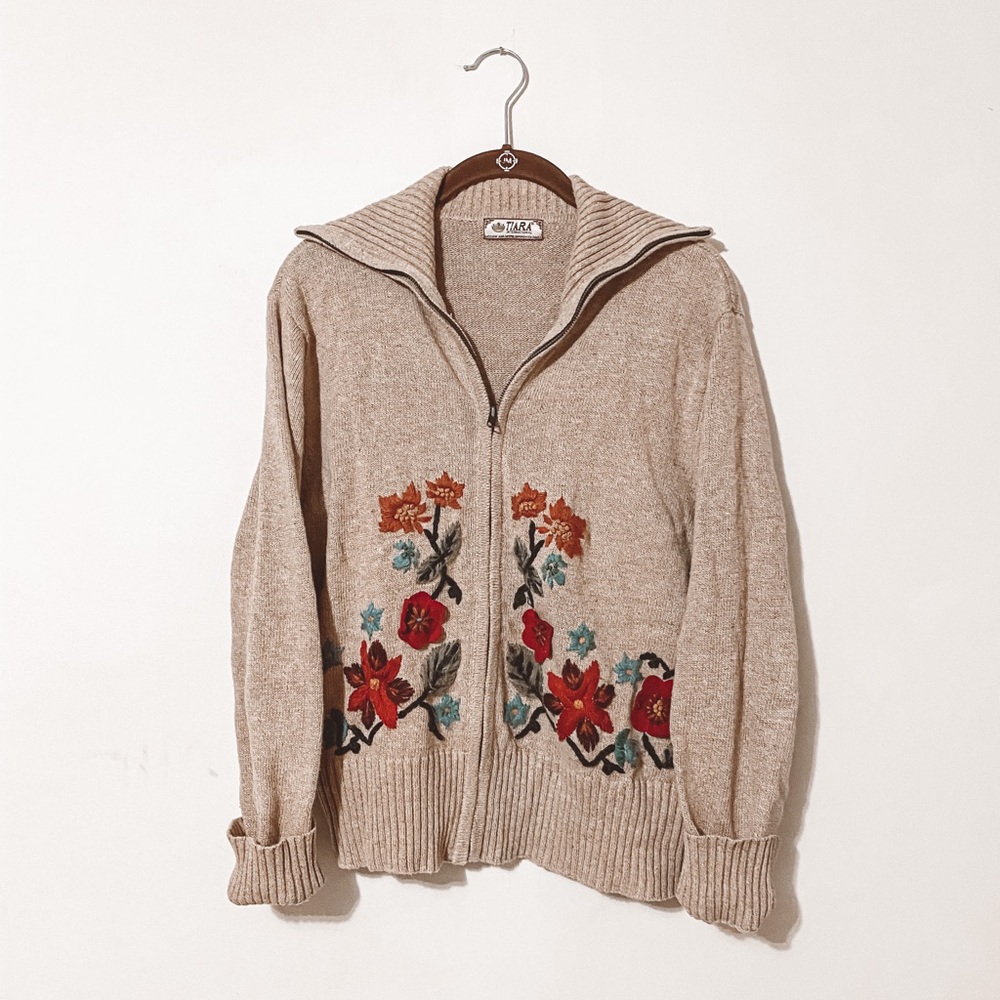 Vintage Embroidered Tan Cardigan